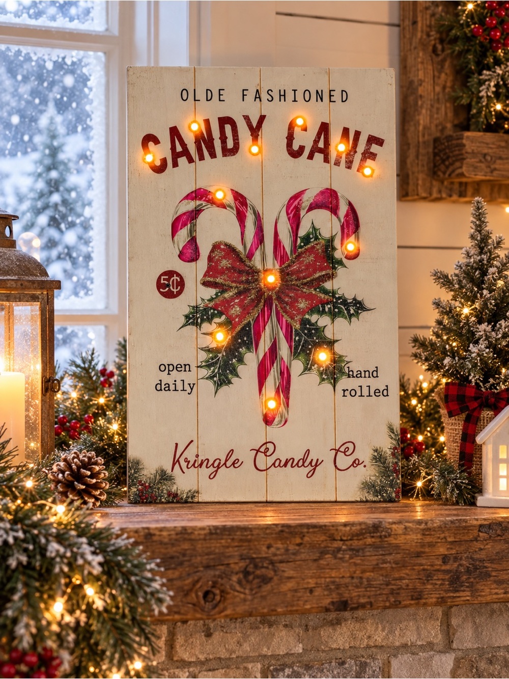 Lighted Christmas Candy Cane Sign Vintage Style Kringle Holiday Wall Decor
